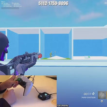 Fortnite gameplay with the Luna Elite Cronus Zen script running, sticky aim tracking a target, with the controller and Cronus Zen shown alongside